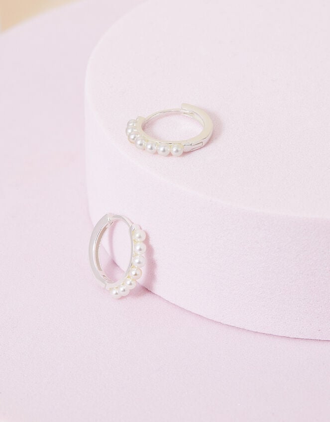 Sterling Silver-Plated Pearl Pave Huggie Hoops, , large