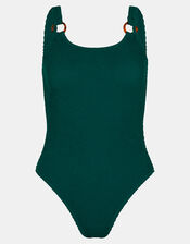 Strap Detail Crinkle Textured Swimsuit, Green (GREEN), large