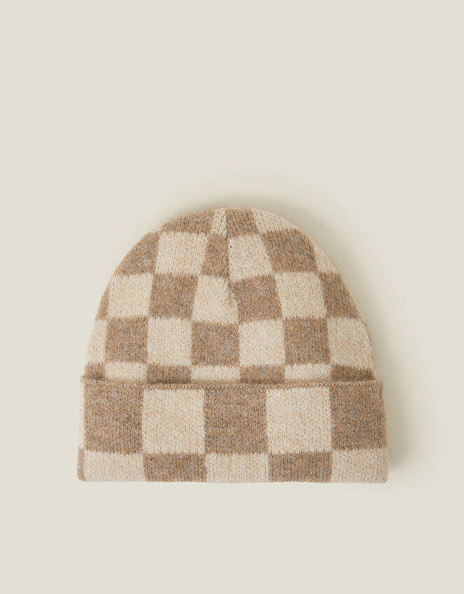 Checkerboard Knit Beanie Hat, , large