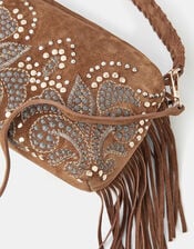 Embroidered Fringe Suede Bag, , large