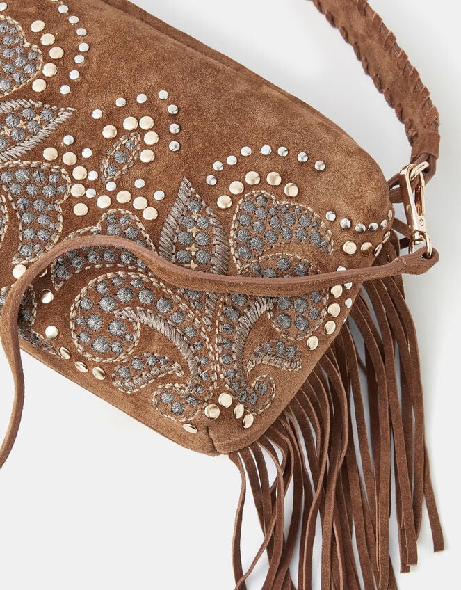 Embroidered Fringe Suede Bag, , large