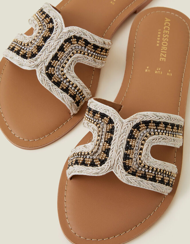 Beaded Cut-Out Slide Sandals Black White, Black (BLACK WHITE), large