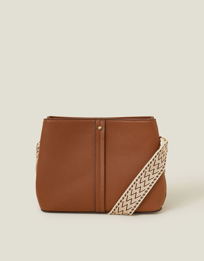 Faux Leather Webbing Strap Crossbody Bag, Tan (TAN), large