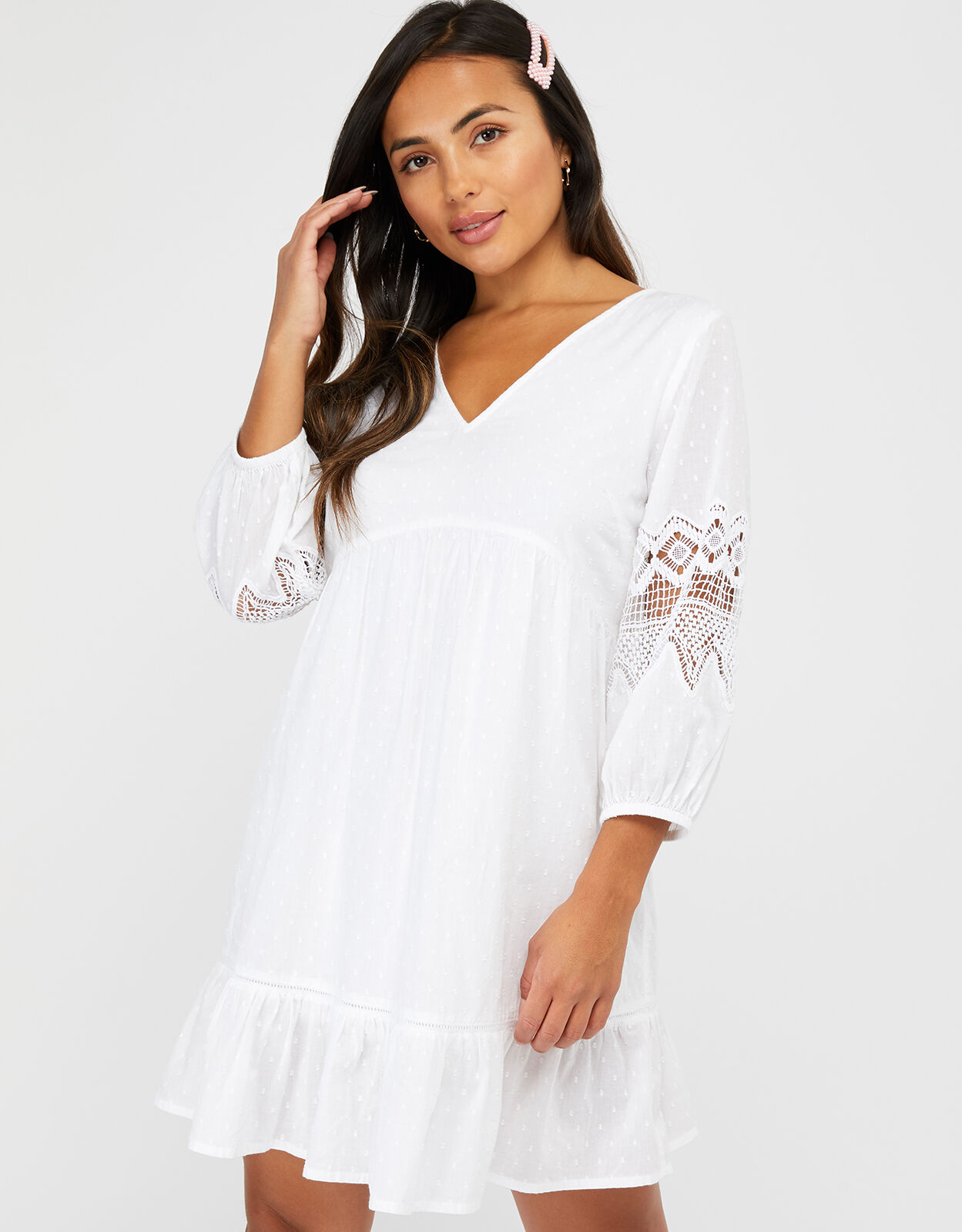 Lace Insert Smock Dress in Organic Cotton White