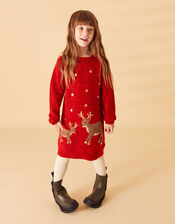 Girls Reindeer Christmas Dress, Red (RED), large