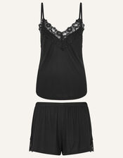 Lace Trim Short Pyjamas Set, Black (BLACK), large