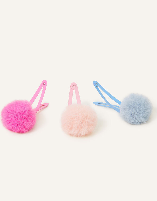 Girls Faux Fur Pom-Pom Hair Clips Set of Three, , large