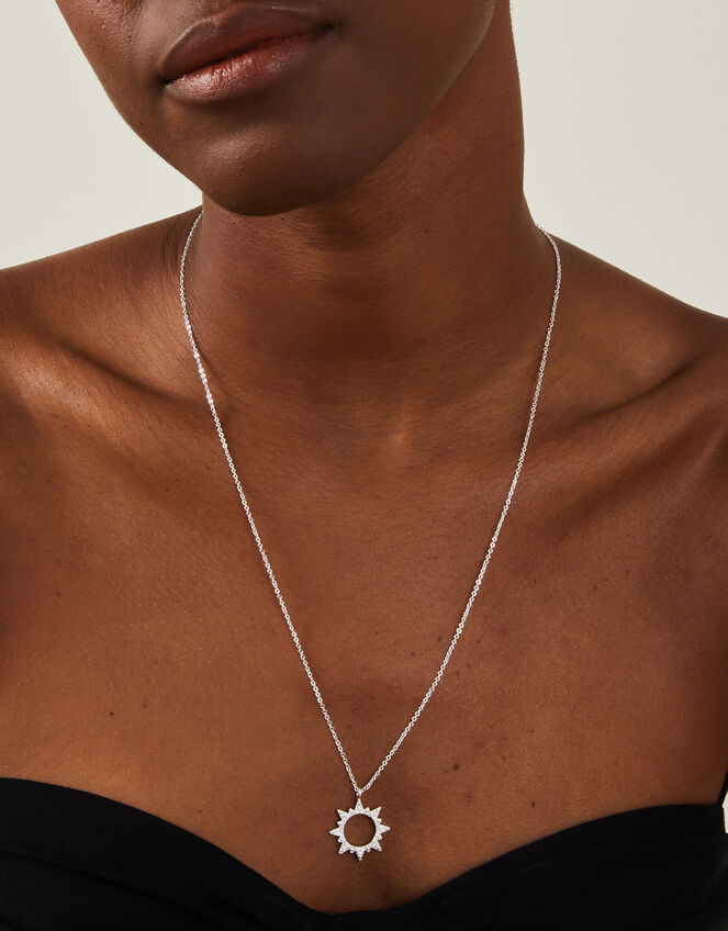 Sterling Silver-Plated Cut-Out Diamante Sun Pendant Necklace, , large