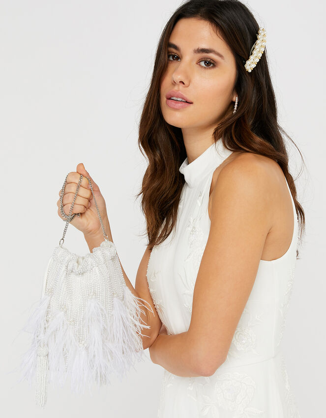 Bead and Feather Bridal Pouch Bag, , large
