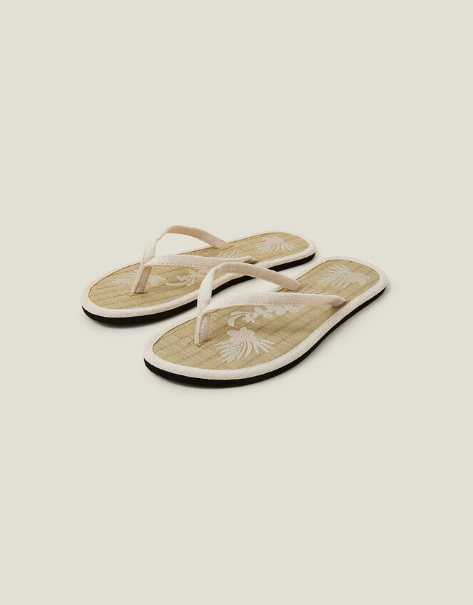 Embroidered Seagrass Flip Flops, Ivory (IVORY), large