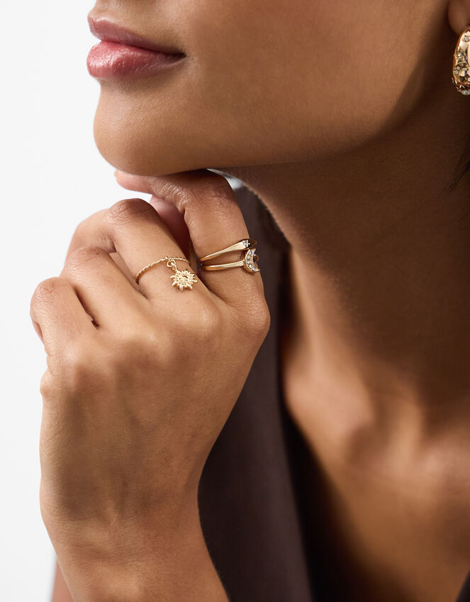 3-Pack Sun Charm Rings, Gold (GOLD), large