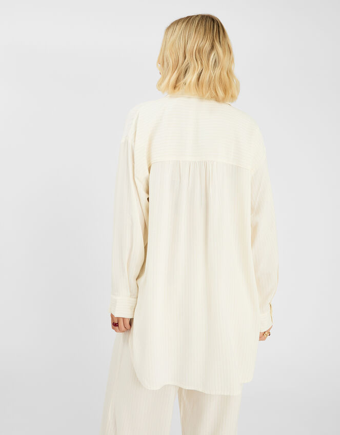 Long Sleeve Stripe Beach Cover Up Shirt, Ivory (IVORY), large