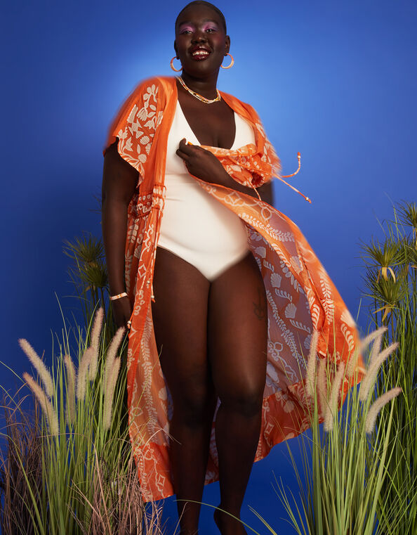 Ornamental Printed Maxi Chiffon Kimono, Orange (ORANGE), large