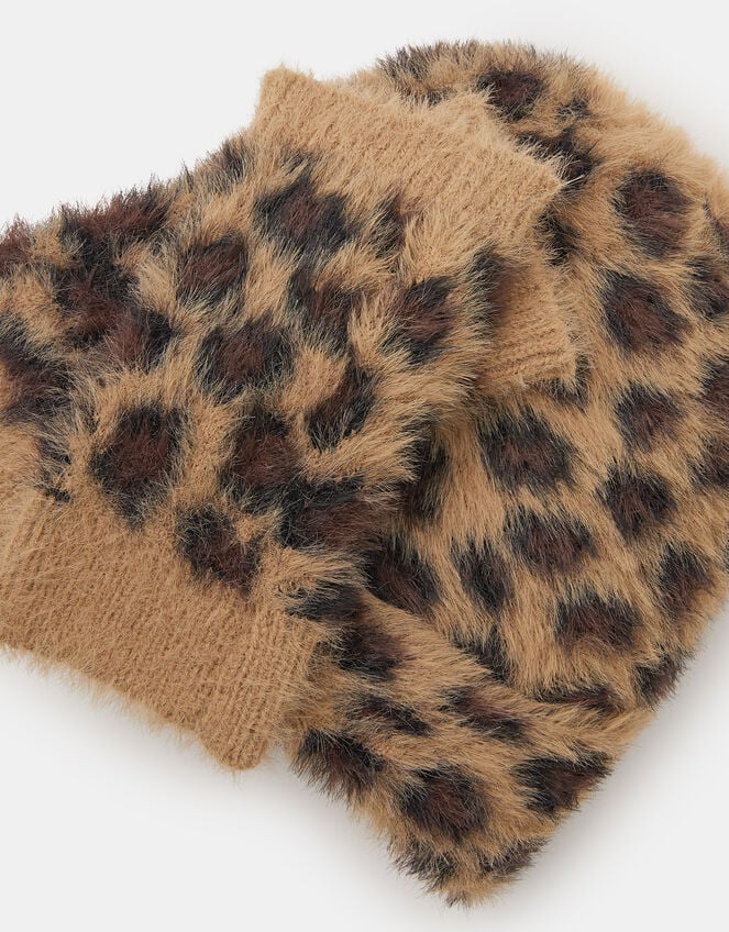 Leopard Print Beanie Hat & Gloves Set, , large