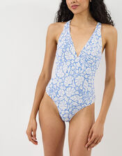 Floral Print Cross-Back Plunge Swimsuit, Blue (BLUE), large
