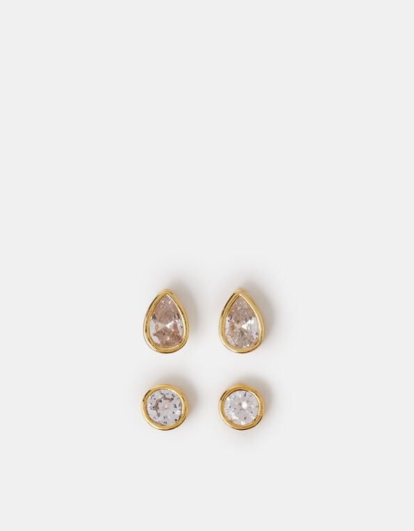 2-Pack 14ct Gold-Plated Cubic Zirconia Stud Earrings, Gold (GOLD), large
