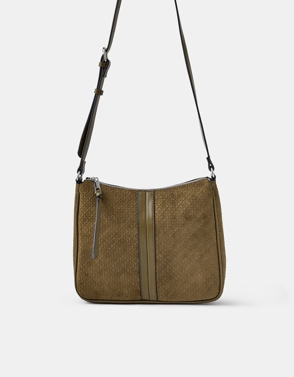 Embossed Faux Suede Crossbody Bag, Green (KHAKI), large