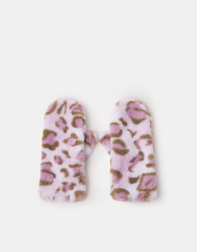 Girls Fluffy Leopard Print Mittens, Leopard (LEOPARD), large