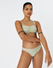 Gingham Ruched Bikini Briefs, Green (KHAKI), large