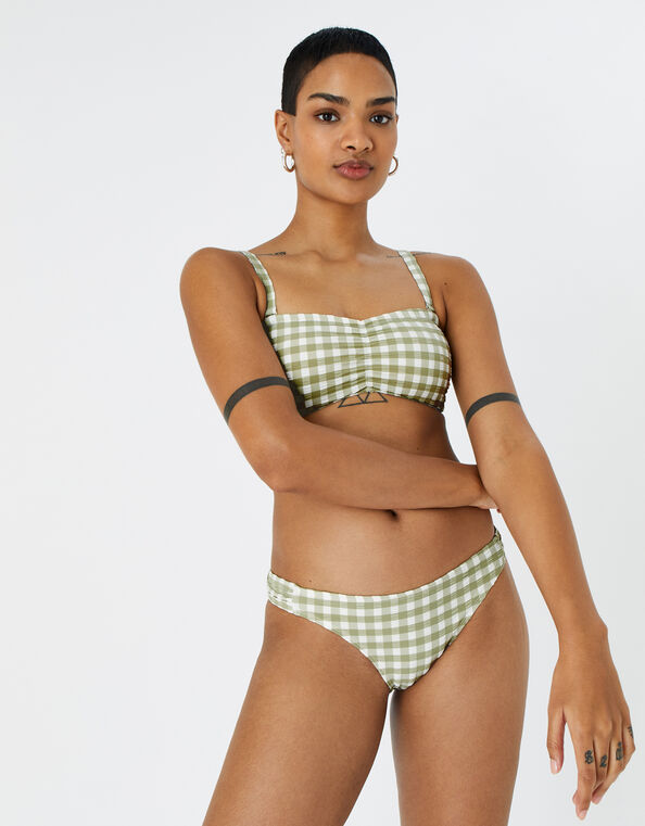 Gingham Ruched Bikini Briefs Green, Green (KHAKI), large