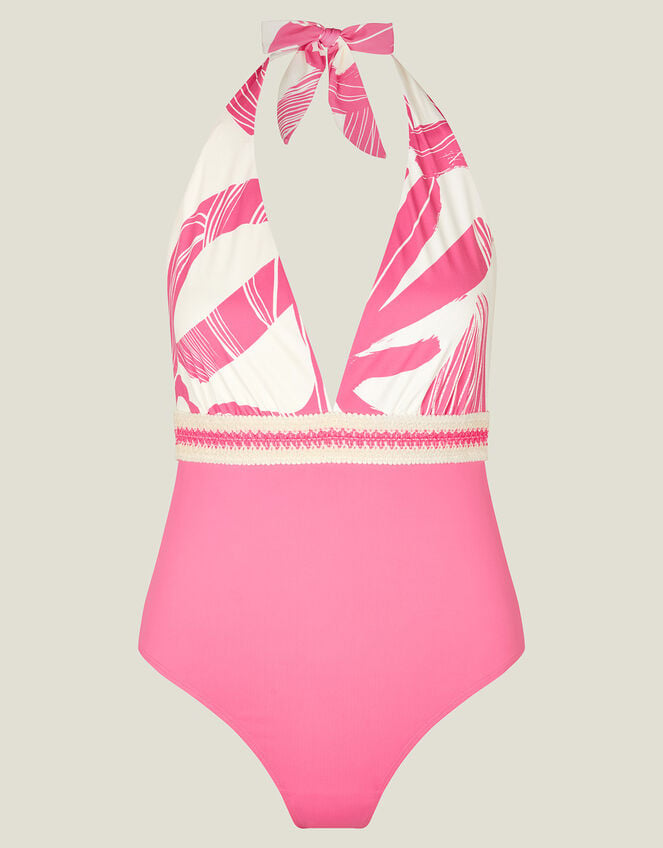 Contrast Print Halter Neck Swimsuit, Pink (PINK), large