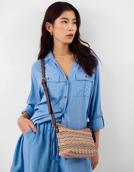 Stripe Raffia Crossbody Bag, , large