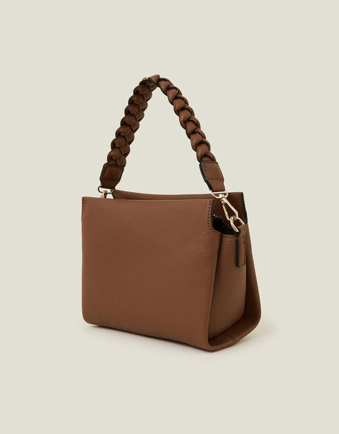 Braid Strap Faux Leather Cross-Body Bag, Tan (TAN), large