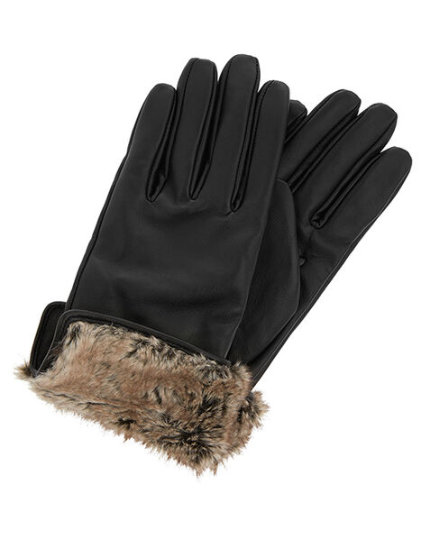 Leather and Faux Fur Gloves Black, Black (BLACK), large