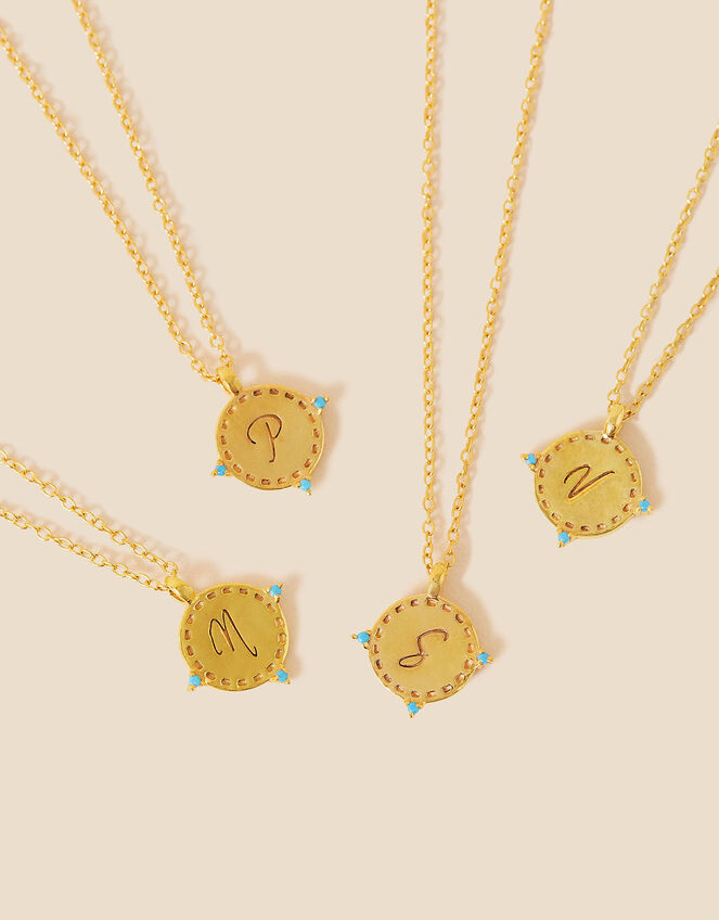 14ct Gold-Plated Initial Pendant Necklace, Blue (TURQUOISE), large
