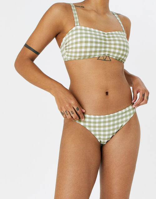 Gingham Ruched Bikini Briefs, Green (KHAKI), large