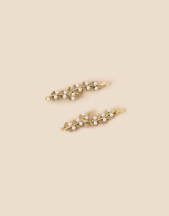 Pearl Leaf Hair Slides Set of Two, , large