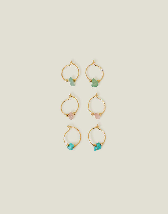 3-Pack 14ct Gold-Plated Stone Hoop Earrings, , large