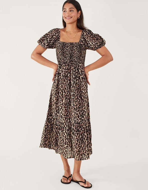 Leopard Print Shirred Puff Sleeve Dress, Brown (BROWN), large