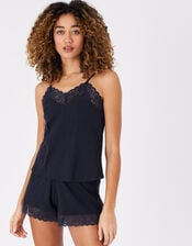 Lace Trim Rib Vest and Shorts Set, Blue (NAVY), large