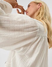 Frilly Woven Cotton Blouse, White (WHITE), large