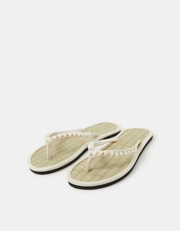 Heart Bead Seagrass Flip Flops, White (WHITE), large