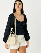 Natural Embroidered Flower Cross-Body Bag, , large