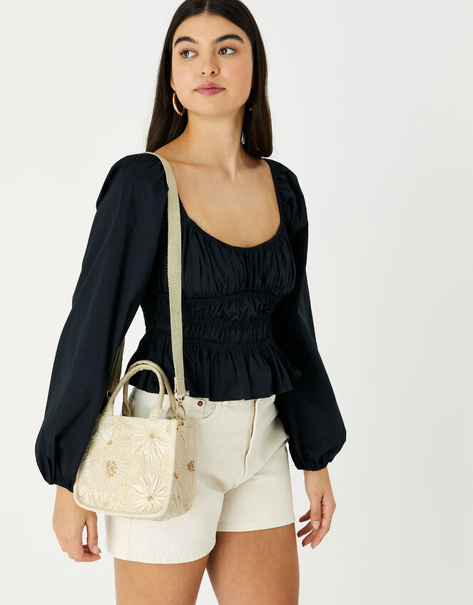 Natural Embroidered Flower Cross-Body Bag, , large