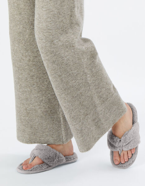 Faux Fur Toe Thong Slippers Grey, Grey (GREY), large
