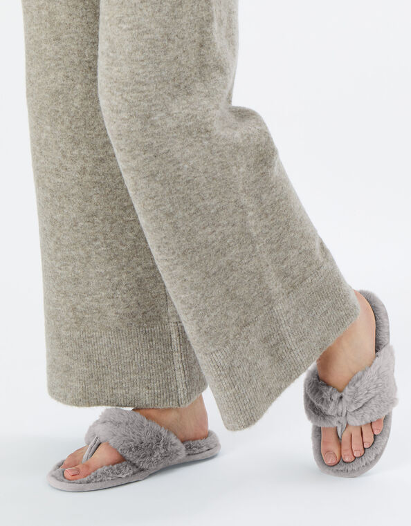 Faux Fur Toe Thong Slippers Grey, Grey (GREY), large