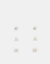 3-Pack Sterling Silver Shape Cubic Zirconia Stud Earrings, , large