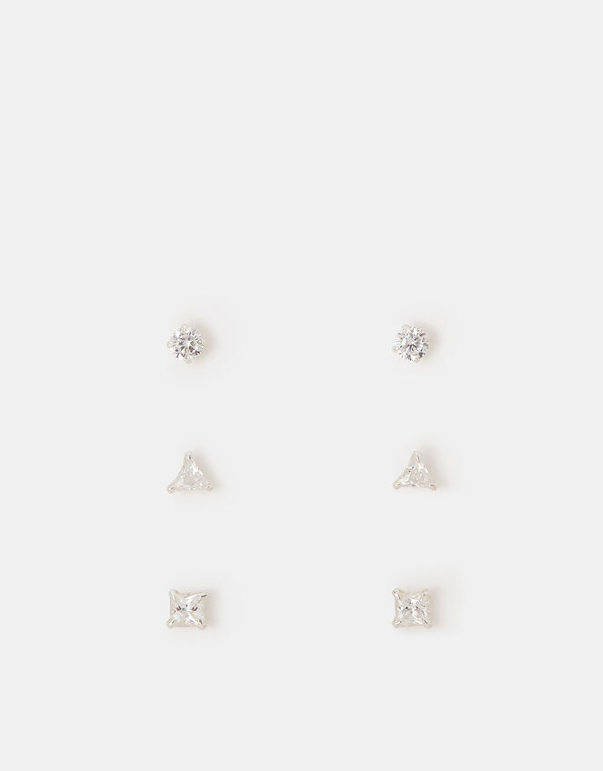 3-Pack Sterling Silver Shape Cubic Zirconia Stud Earrings, , large