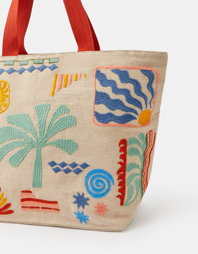 Palm Embroidered Beach Tote Bag, , large