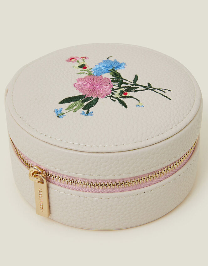 Round Floral Embroidered Jewellery Box, , large