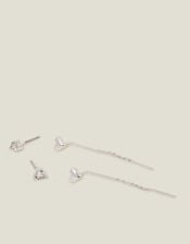 2-Pack Sterling Silver-Plated Diamante Chain Heart Stud Earrings, , large