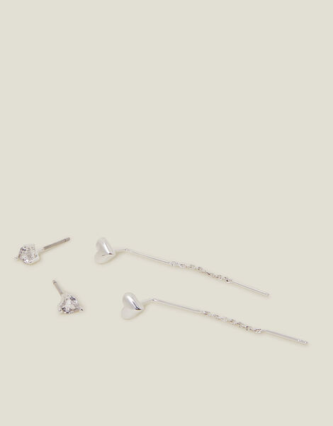 2-Pack Sterling Silver-Plated Diamante Chain Heart Stud Earrings, , large