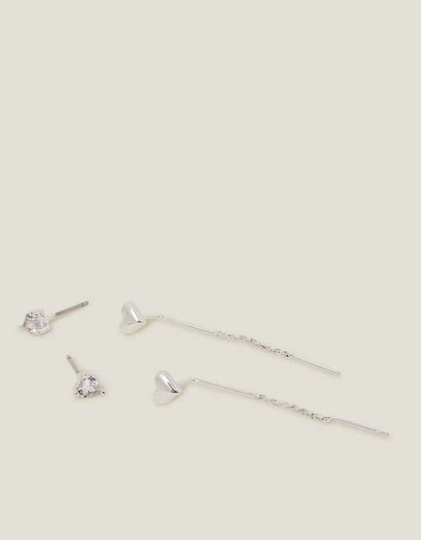 2-Pack Sterling Silver-Plated Diamante Chain Heart Stud Earrings, , large