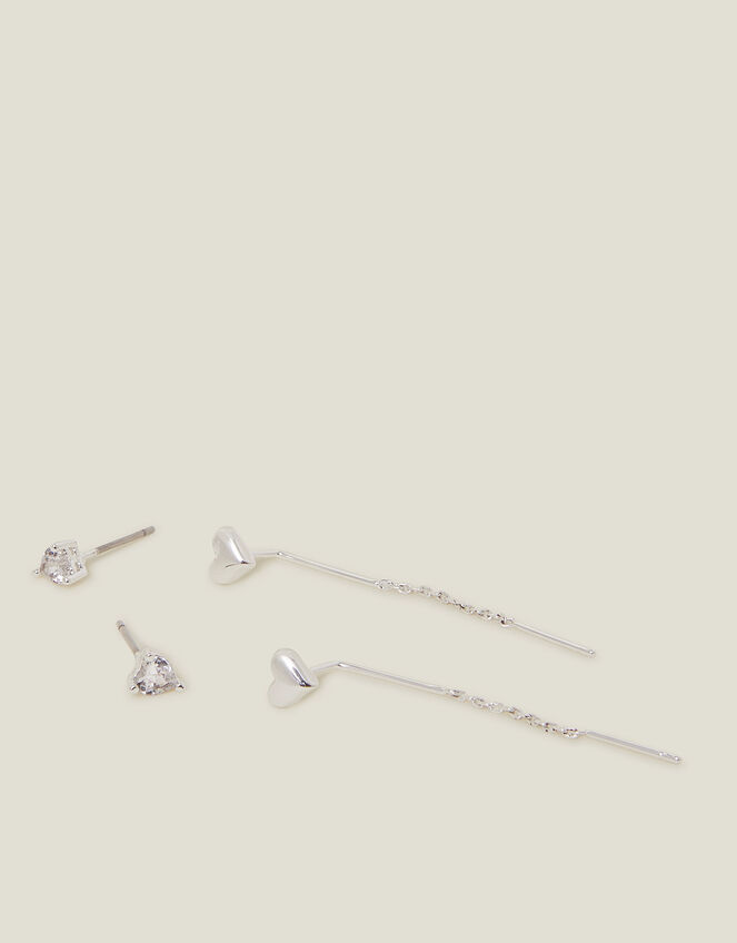 2-Pack Sterling Silver-Plated Diamante Chain Heart Stud Earrings, , large