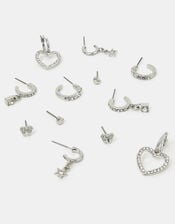 6-Pack Pavé Heart Stud and Hoop Earrings Silver, , large