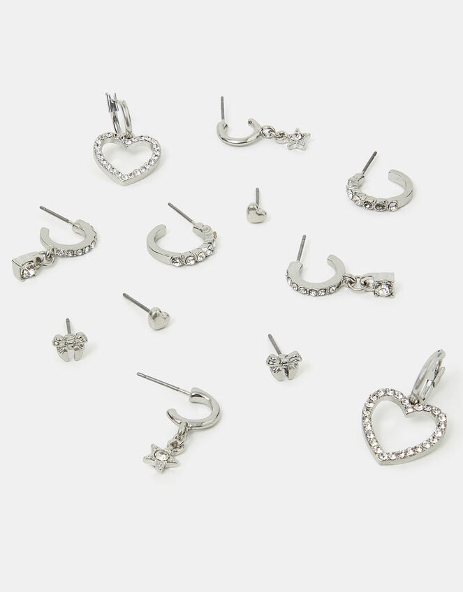 6-Pack Pavé Heart Stud and Hoop Earrings Silver, , large